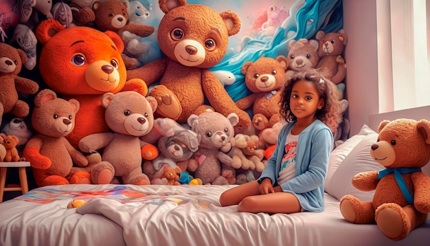 Portrait d'une jolie fille touchante sur le lit dans la chambre des enfants