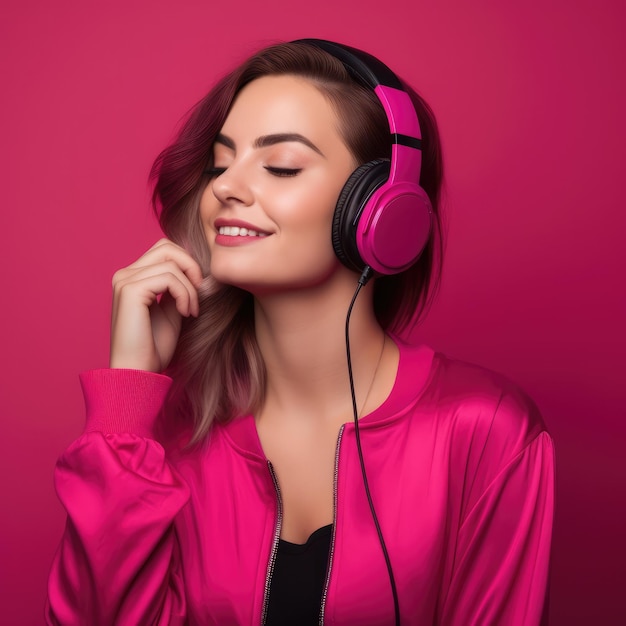 Portrait d'une jolie jeune femme appréciant la musique avec un fond violet rose