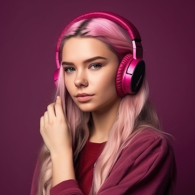 Portrait d'une jolie jeune femme appréciant la musique avec un fond violet rose