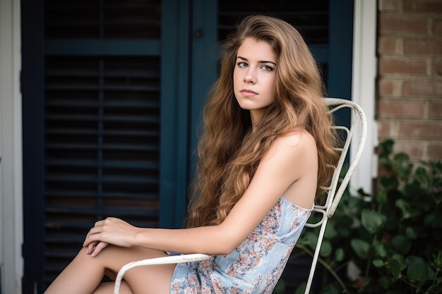 Portrait d'une jolie jeune femme assise sur une chaise à l'extérieur créée avec une IA générative