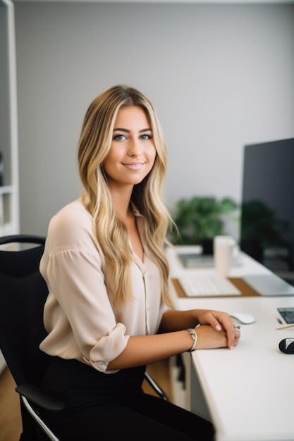 Portrait d'une jolie jeune femme au travail dans un bureau de petite entreprise créé avec une IA générative