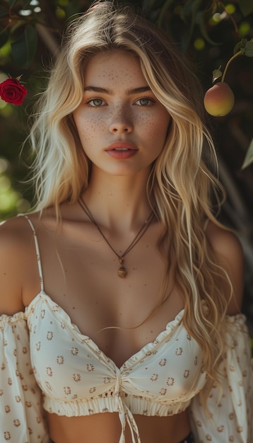 Portrait d'une jolie jeune femme blonde dans un blouse à points blancs au milieu des étés des arbres fruitiers luxuriants