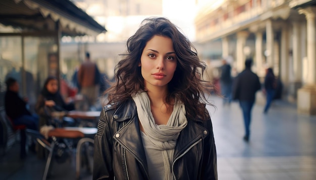 Portrait d'une jolie jeune femme dans une rue commerçante avec des terrasses en arrière-plan