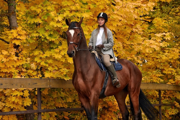 Portrait d'une jolie jeune femme avec une journée d'automne à cheval marron