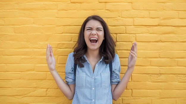 Photo portrait d'une jolie jeune femme joyeuse debout isolée sur un mur jaune criant fort looki