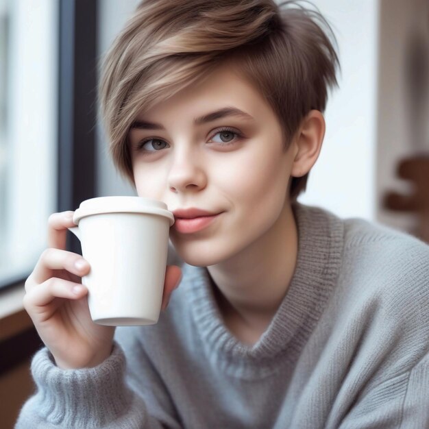 Portrait d'une jolie jeune fille avec une coupe de cheveux courte et des vêtements de garçon à la mode buvant une tasse de c