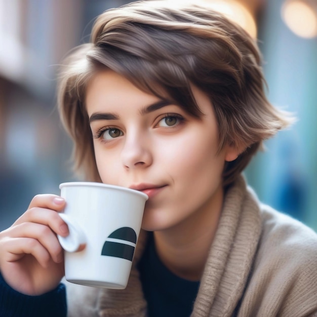 Portrait d'une jolie jeune fille avec une coupe de cheveux courte et des vêtements de garçon à la mode buvant une tasse de c