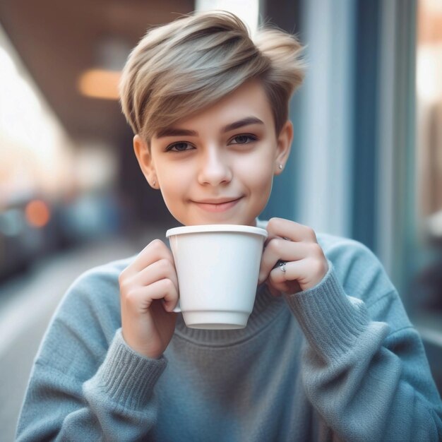 Portrait d'une jolie jeune fille avec une coupe de cheveux courte et des vêtements de garçon à la mode buvant une tasse de c