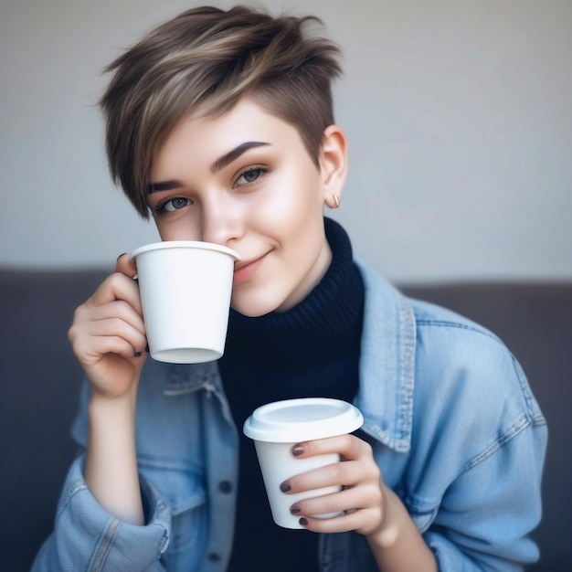 Portrait d'une jolie jeune fille avec une coupe de cheveux courte et des vêtements de garçon à la mode buvant une tasse de c