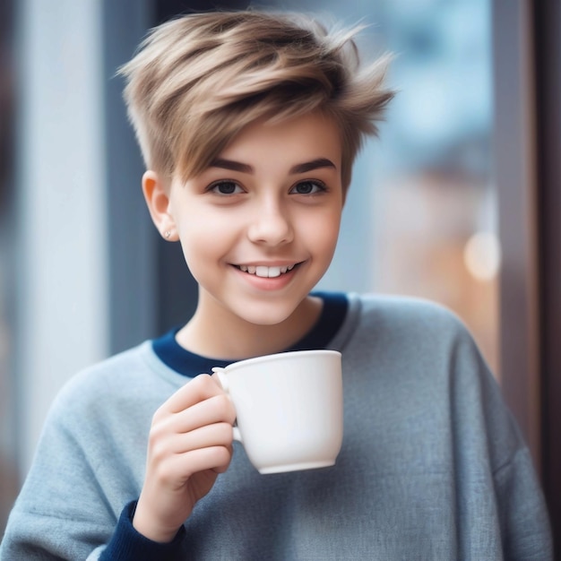 Portrait d'une jolie jeune fille avec une coupe de cheveux courte et des vêtements de garçon à la mode buvant une tasse de c