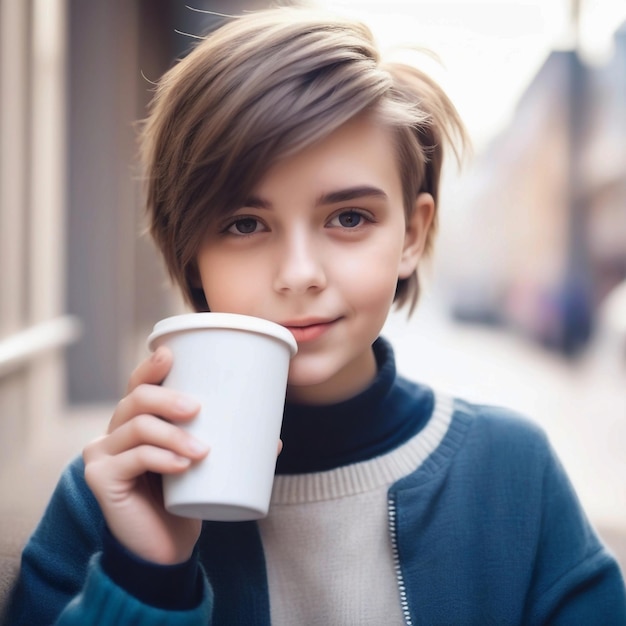 Portrait d'une jolie jeune fille avec une coupe de cheveux courte et des vêtements de garçon à la mode buvant une tasse de c