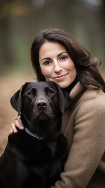 Photo portrait d'une jolie jeune fille et d'un labrador retriever noir de deux ans à l'extérieur de generative ai