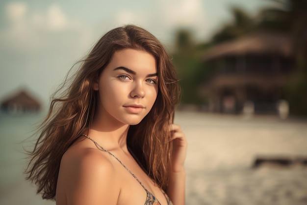 Portrait d'une jolie jeune fille à la plage