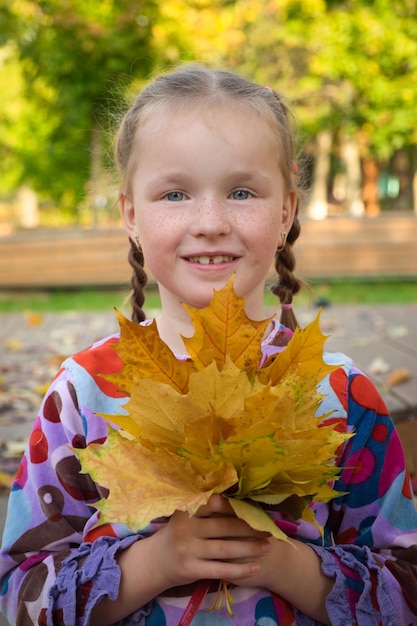 Portrait d'une jolie jeune fille se dresse dans le parc d'automne et tient un bouquet de feuilles d'érable jaunes