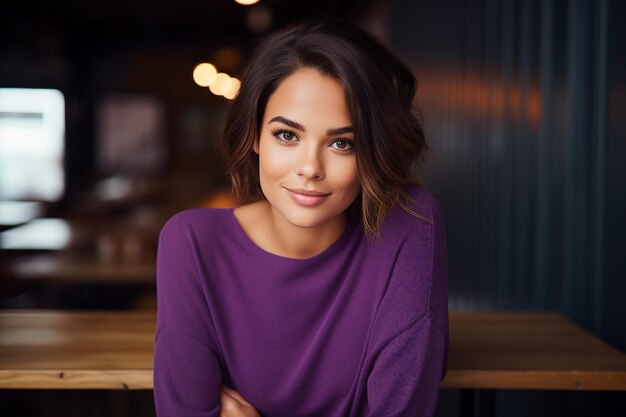 Portrait d'une jolie et mignonne femme assise dans un bureau à l'intérieur