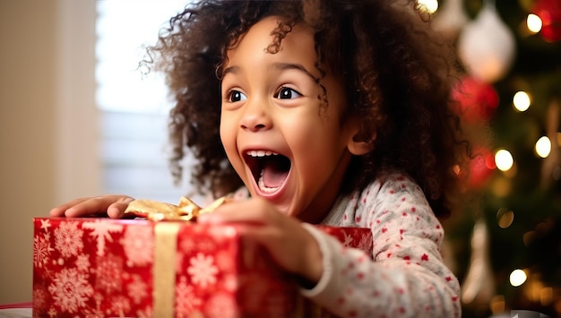 Portrait d'une jolie petite fille afro-américaine ouvrant le cadeau de Noël