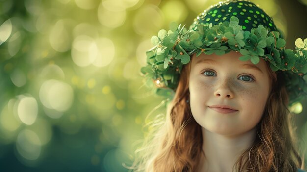 Portrait d'une jolie petite fille aux cheveux roux bouclés portant un chapeau vert de leprechaun