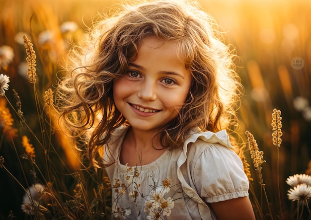 Portrait d'une jolie petite fille dans le champ au coucher du soleil