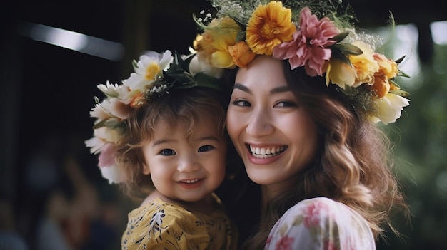 Portrait de jolie petite fille et maman portant une couronne de fleurs souriant et célébrant la fête des mères