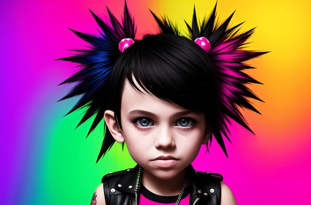 Portrait d'une jolie petite fille punk avec des cheveux colorés sur son bras Generative AI