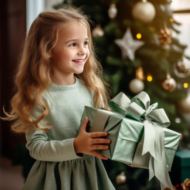 Portrait d'une jolie petite fille tenant une boîte à cadeaux dans ses mains