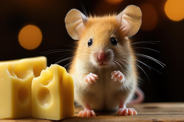 Portrait d'une jolie petite souris aux grandes oreilles assise sur une table près d'un fromage jaune regardant la caméra