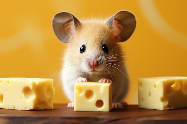 Portrait d'une jolie petite souris aux grandes oreilles assise sur une table près d'un fromage jaune regardant la caméra