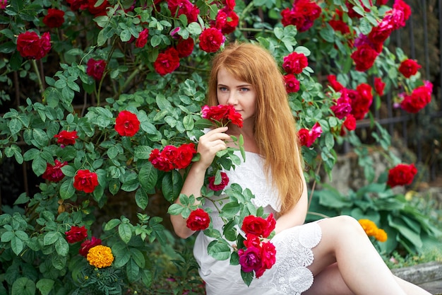 Portrait d'une jolie rousse vêtue d'une robe légère blanche, roses en fleurs. Extérieur.