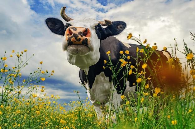 Photo portrait d'une jolie vache noire et blanche sur un pâturage avec des fleurs jaunes sur fond de ciel bleu