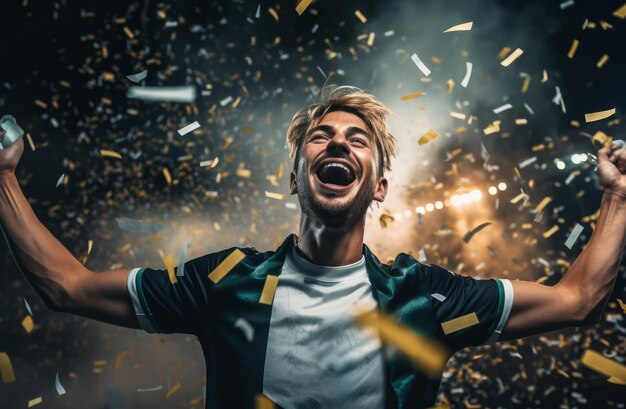 Portrait d'un joueur de football masculin heureux célébrant la victoire avec des confettis qui tombent