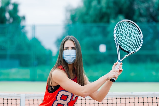 Portrait, de, joueur tennis, girl, tenue, raquette