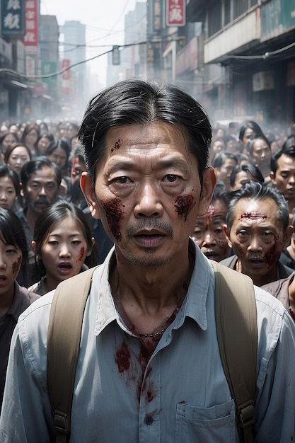 Portrait de jour d'un homme asiatique dans une rue animée remplie d'une foule de zombies