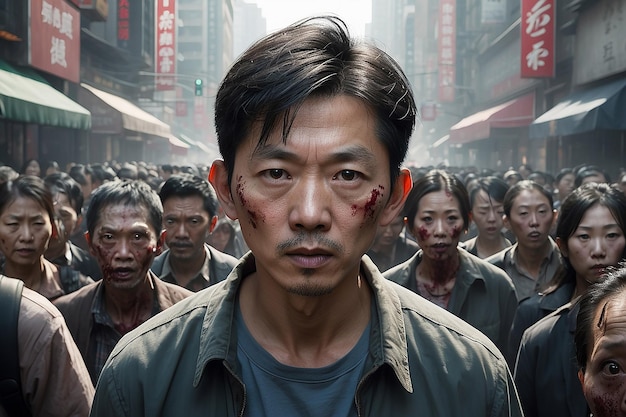 Portrait de jour d'un homme asiatique dans une rue animée remplie d'une foule de zombies