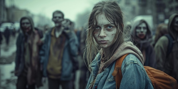 Portrait de jour d'une jeune fille dans une rue animée remplie d'une foule de zombies
