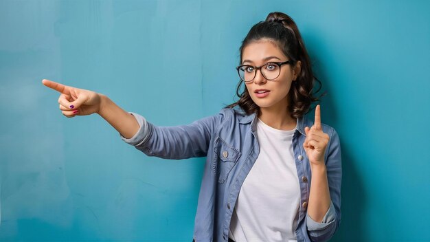 Photo portrait d'une journaliste intriguée et jolie avec des lunettes et une veste sur une chemise pointant vers l