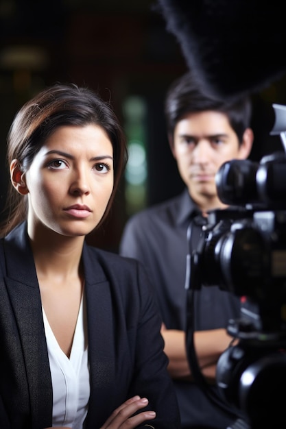 portrait d'une journaliste de télévision avec son caméraman pendant qu'ils filment une interview créée avec l'IA générative