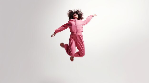 Portrait de joyeuse fille positive sautant en l'air avec les poings levés regardant la caméra isolée