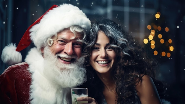 Portrait d'une joyeuse Snow Maiden et d'un Père Noël sur fond enneigé