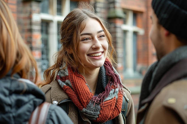 Portrait joyeux d'une étudiante en train de parler avec des amies de l'université