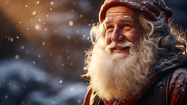 portrait d'un joyeux père Noël en hiver dans la forêt Carte de voeux de Noël et du nouvel an