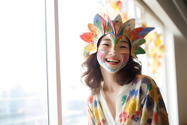 portrait joyeux d'une personne posant avec un masque de carnaval rayonnant d'excitation et de joie