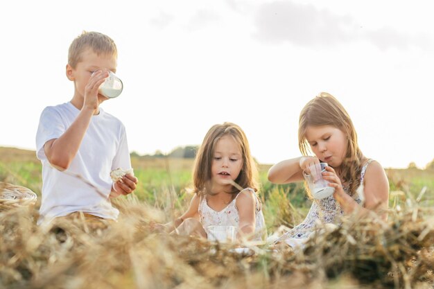 Portrait de joyeux trois enfants assis sur une couverture dans un champ jouant au ukulélé en train de pique-niquer avec du lait et du pain savoureux