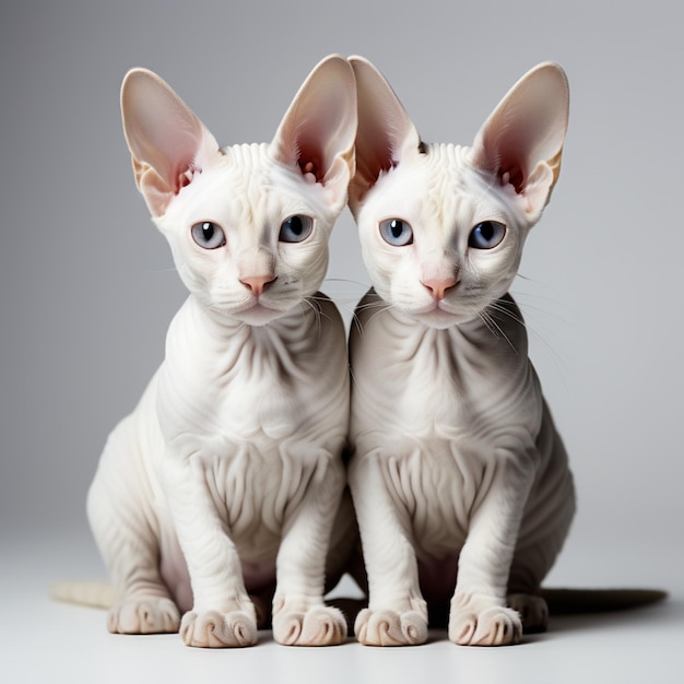 Photo un portrait de jumeaux de chat sphinx albinos blancs sur un fond gris clair