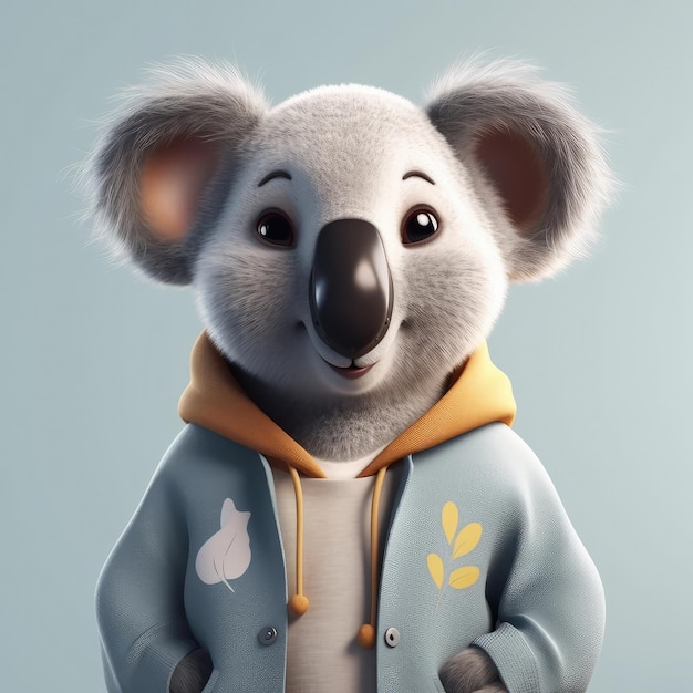 Portrait de koala de dessin animé 3D portant des vêtements debout devant les lumières du studio générative ai