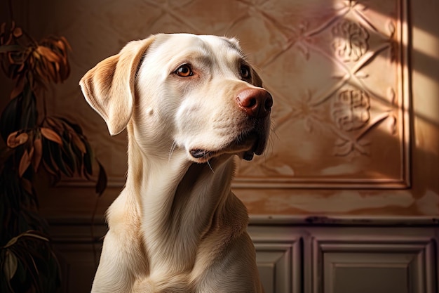 Portrait d'un Labrador Retriever blanc sur un fond neutre beige photo recadrée lumière naturelle Ai art génératif