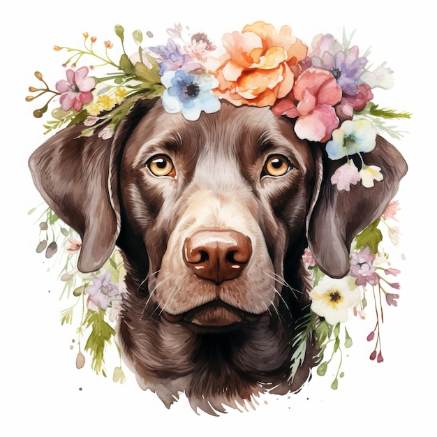 Portrait d'un Labrador Retriever avec des fleurs Illustration à l'aquarelle