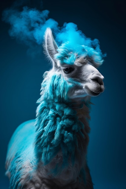 Portrait d'un lama avec un nuage de fumée coloré Animal créatif abstrait IA générative