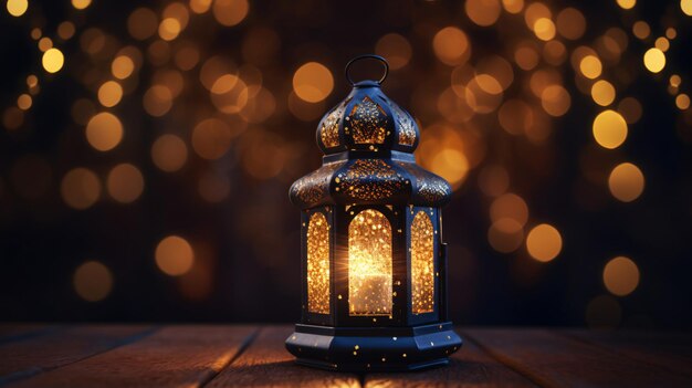 Portrait de lanterne islamique avec des lumières Bokeh