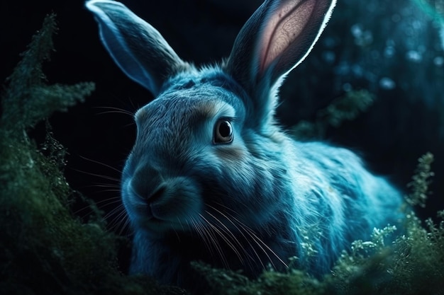 Portrait de lapin bleu dans la forêt illustration générative ai