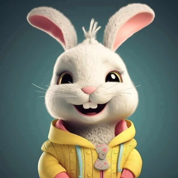 Portrait de lapin de dessin animé 3D portant des vêtements lunettes chapeau et veste debout devant